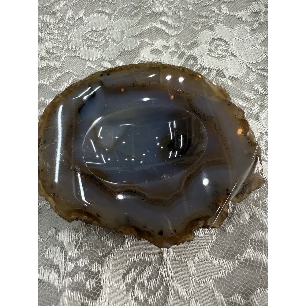 Vintage Polished Natural Italian Agate Slice Dish Soap Trinket Dish Ash Tray
